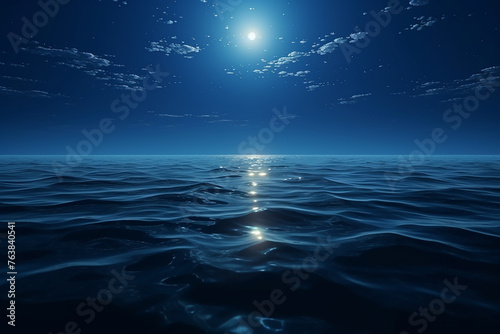 full moon in the sky on a dark blue background reflection in the sea ocean water. 3D illustration 3D render