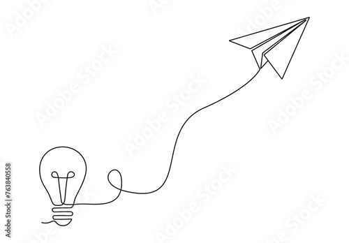 Continuous one line drawing of light bulb and paper plane vector illustration. Premium vector
