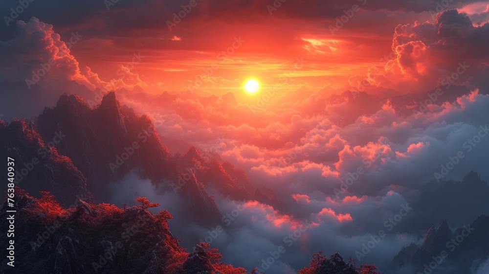 Sunlight bathes a rugged mountain landscape in a fiery glow, as clouds meander through peaks at sunset. This breathtaking scene captures the dramatic beauty of nature's artistry. Sunlight bathes a rugged mountain landscape in a fiery glow, as clouds meander through peaks at sunset. This breathtaking scene captures the dramatic beauty of nature's artistry.