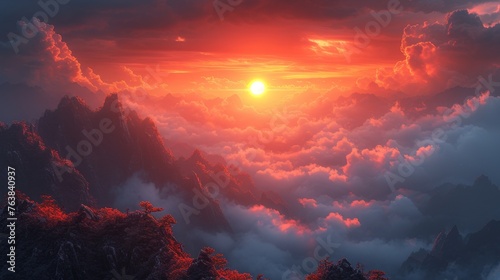 Sunlight bathes a rugged mountain landscape in a fiery glow, as clouds meander through peaks at sunset. This breathtaking scene captures the dramatic beauty of nature's artistry.
