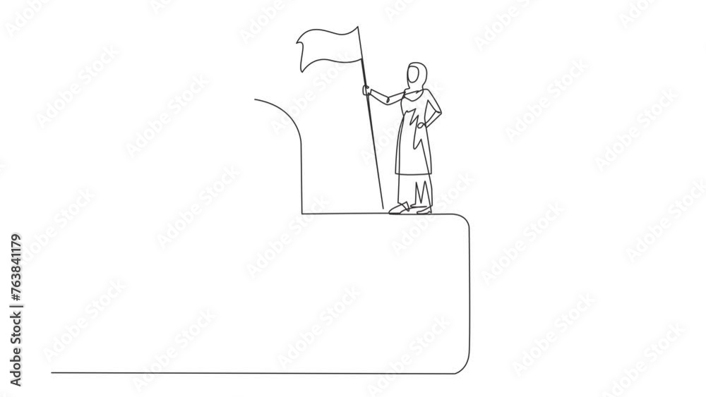 Animation of one line drawing of single continuous line drawing of Arabian businesswoman standing on giant open padlock holding flag. Successful businesswoman find loopholes. Full length motion Animation of one line drawing of single continuous line drawing of Arabian businesswoman standing on giant open padlock holding flag. Successful businesswoman find loopholes. Full length motion