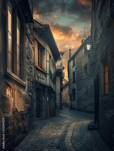 Twilight Hues on Stone Path. Twilight casts a serene glow on a cobblestone alley in an ancient European town, the sky ablaze with dawn's first light.