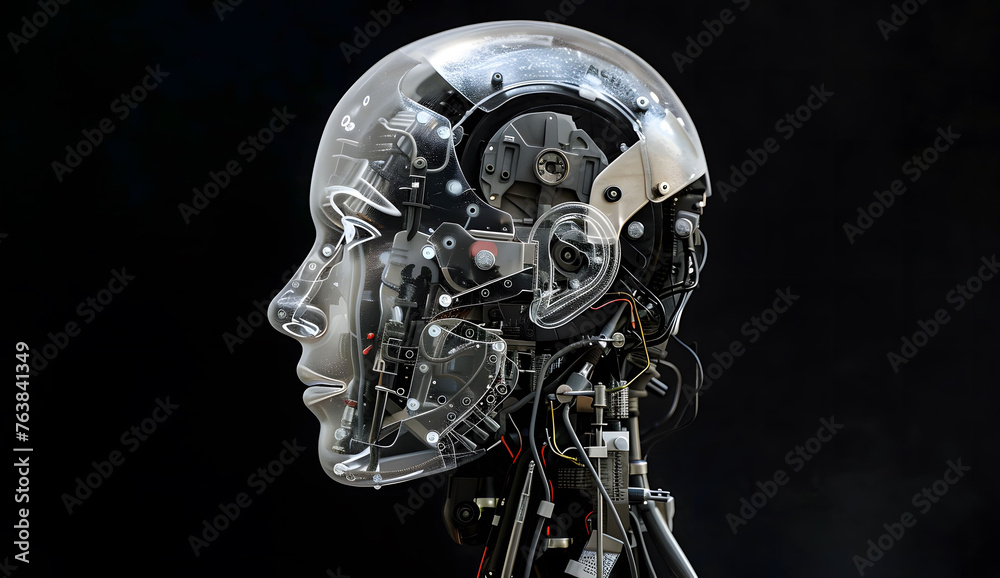 An artificial intelligence robot cyborg woman with machine parts integrated into her face, set against a black background. Concept of future technology and advancements in artificial intelligence. An artificial intelligence robot cyborg woman with machine parts integrated into her face, set against a black background. Concept of future technology and advancements in artificial intelligence.