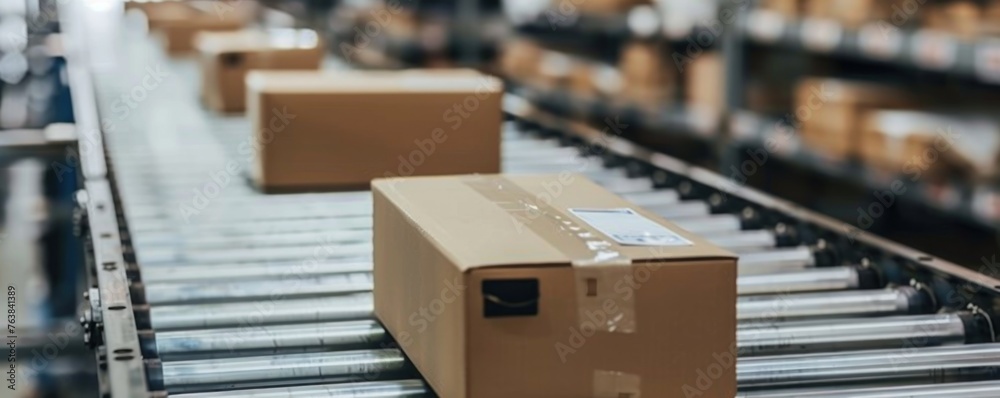 Cardboard box on conveyor belt in in boxes factory. Cardboard box on conveyor belt in in boxes factory.