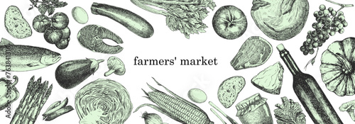 Farmers' Market. Hand-drawn illustration of Food. Ink. Vector	 photo