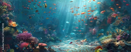 Underwater scenery with colorful fishes and corals.