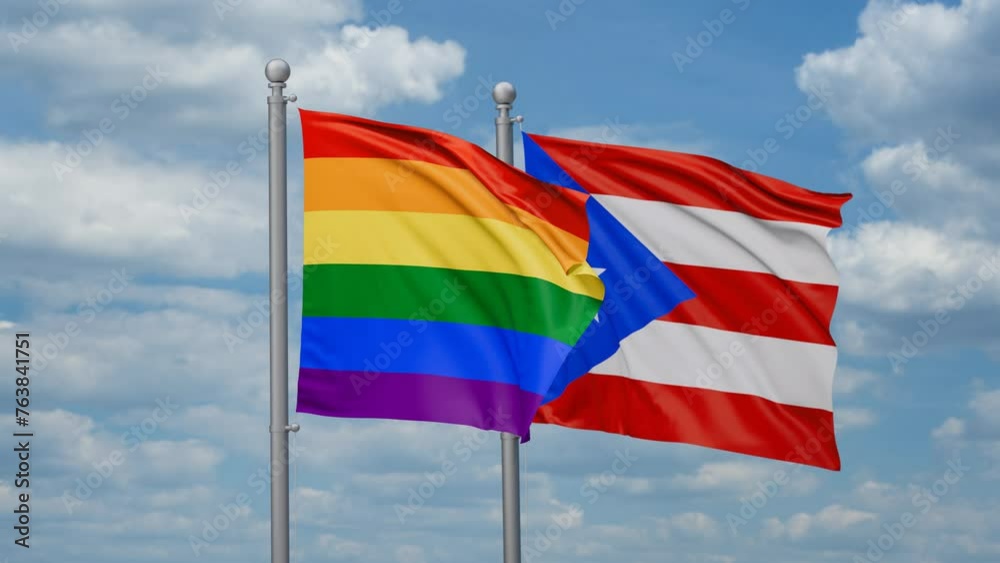 Puerto Rico and LGBT movement flag also Gay Pride two flags waving together, looped video, two country cooperation concept Puerto Rico and LGBT movement flag also Gay Pride two flags waving together, looped video, two country cooperation concept