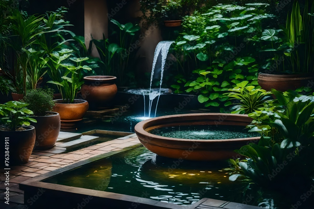 A cozy courtyard mini-pond surrounded by potted plants, with a bubbling fountain lending a relaxing touch to the small environment.