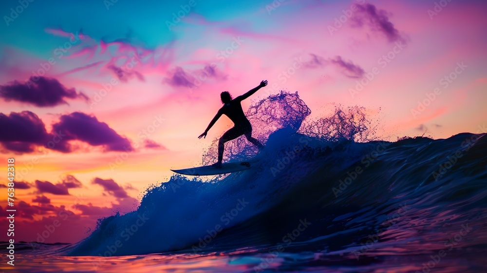 A surfer catching a wave at sunrise, silhouetted against the colorful sky A surfer catching a wave at sunrise, silhouetted against the colorful sky