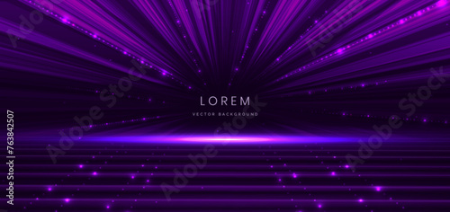 Elegant scene purple glowing motion lighting effect sparkle on dark purple background.