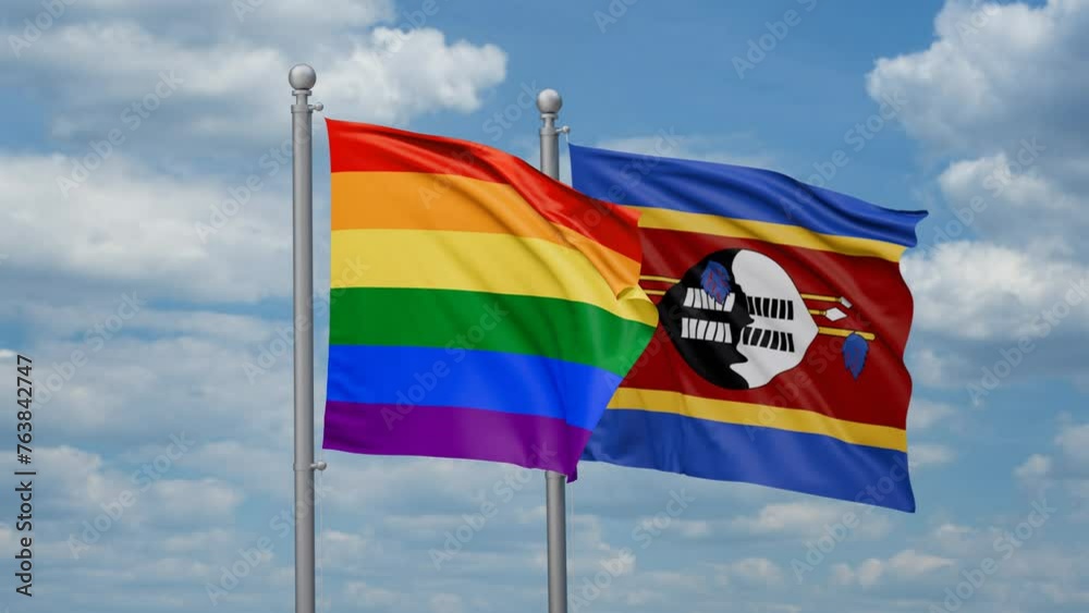 Eswatini aka Swaziland and LGBT movement flag also Gay Pride two flags waving together, looped video, two country cooperation concept Eswatini aka Swaziland and LGBT movement flag also Gay Pride two flags waving together, looped video, two country cooperation concept