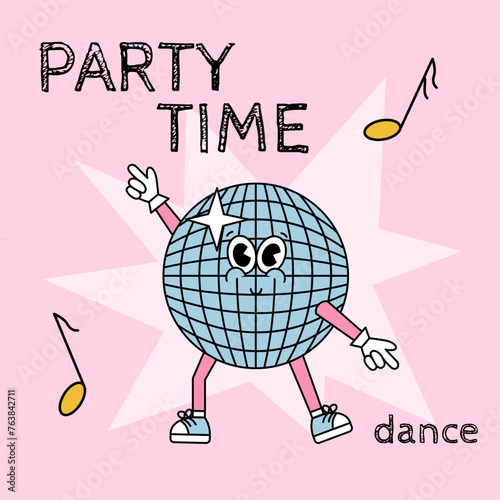 Retro cartoon sticker with funny comic disco layer character, gloved hands. Hand drawn doodles of comic groovy character. Vintage vector.