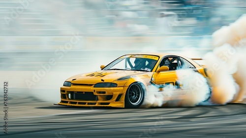 A professional drift racer executing a perfect sideways slide around a hairpin turn, with smoke billowing from the tires.