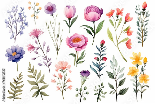 Flowers watercolor illustration.Manual composition.Big Set watercolor elements. © Robby