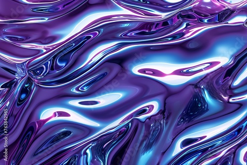 Shiny purple and blue chrome plastic liquid textured waves. Generative AI