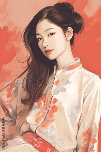 Asian Woman Excelling in Stylish Modern Digital Art with Ample Copy Space