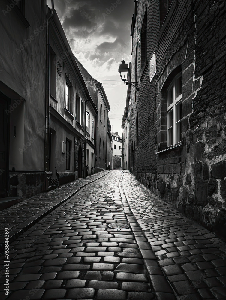 Twilight Serenade on Stone Pavement. A monochrome dawn caresses a silent cobblestone alley, inviting mystery in an old European town.