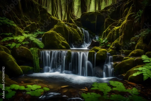 A small waterfall pouring into a mini-pond surrounded by moss-covered rocks and ferns  © MB Khan