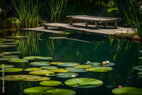 A small pond with water lilies and a wooden bridge creating a soft shade on the water. 