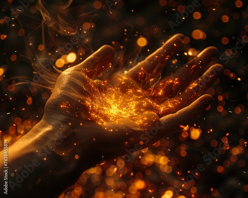 Hand and wall collision flames spreading low angle fierce expression ember sparks © Thanadol
