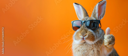 A rabbit wearing sunglasses and giving a thumbs up. rabbit has a thumbs up gesture, of a happy and positive mood. Easter bunny rabbit with sunglasses, giving thumb up, isolated on orange background © Nataliia_Trushchenko