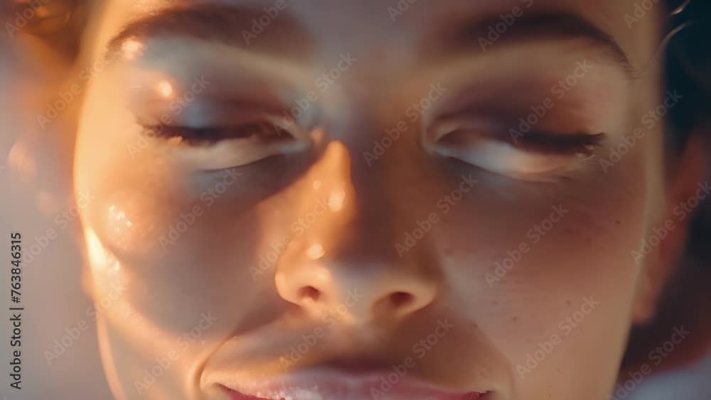 A persons face in a relaxed state while using a meditation app that incorporates biofeedback to guide their practice.