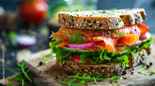 Colorful tasty salted salmon with vegetables on sandwich bright background