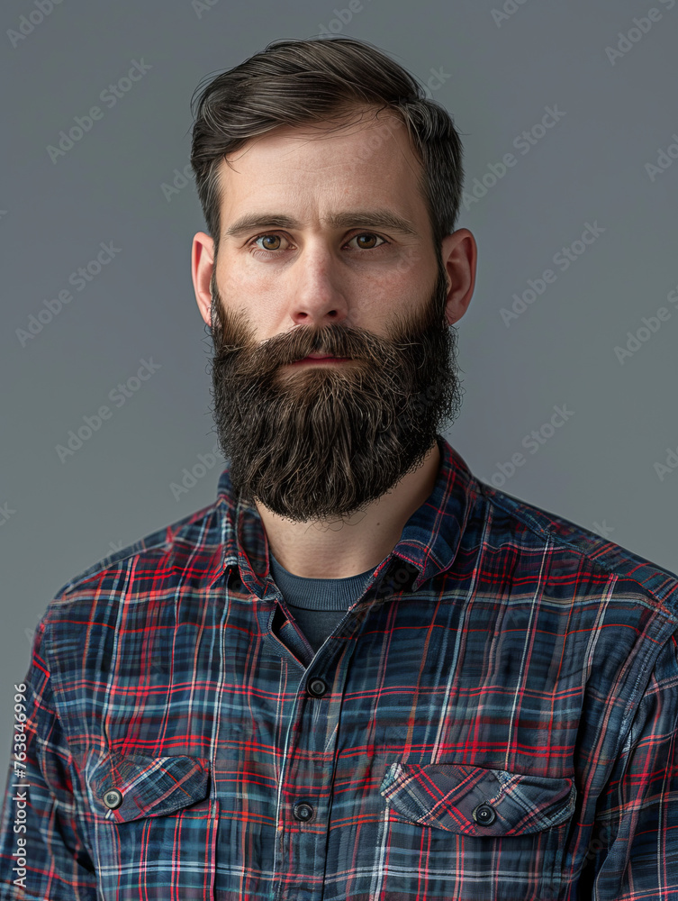 Fototapeta premium A bearded man with carefully groomed hair in a checkered shirt poses against a muted background