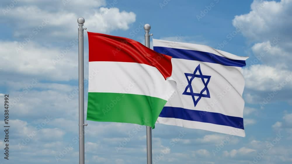Israel and Hungary two flags waving together, looped video, two country relations concept Israel and Hungary two flags waving together, looped video, two country relations concept