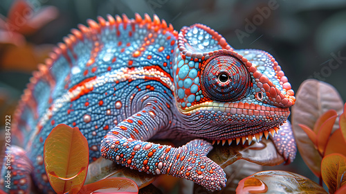 Closeup of a colorful chameleon lizard. Generative AI illustration