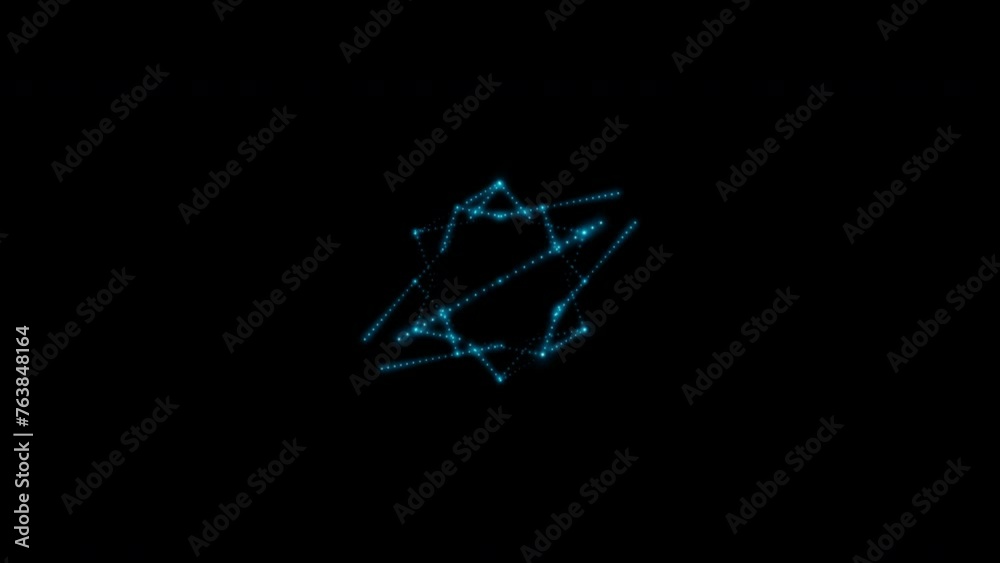 Glowing neon Metatron Cube, consisting of many small blue flashing dots, light bulbs. Sacred geometry. 4k 3d loop animation 60 fps.