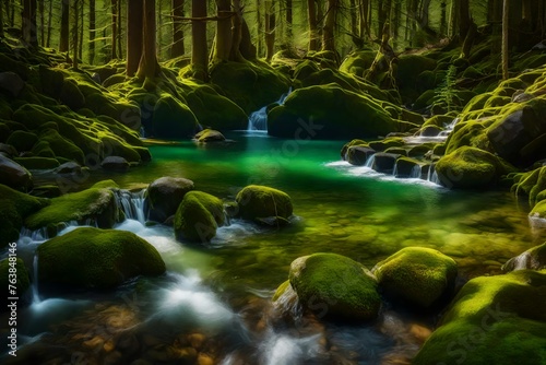 A picturesque small pond surrounded by moss-covered rocks  with a gently trickle pouring into the crystal-clear water.