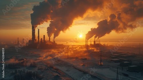 Smoke billows from towering stacks against a dramatic sunset, painting a scene of industrial activity in frigid temperatures. The contrasting warmth of the sky and coolness of the snow suggests a