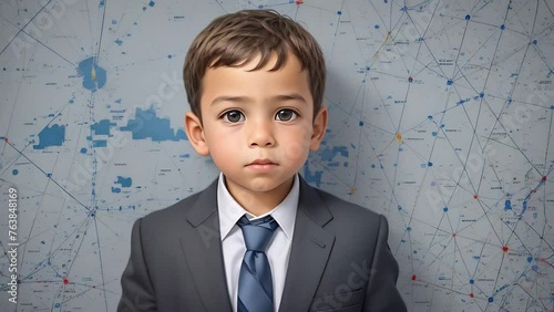 Little boy in a business suit on a gray background.
Concept: Young leader, professional growth, future career.