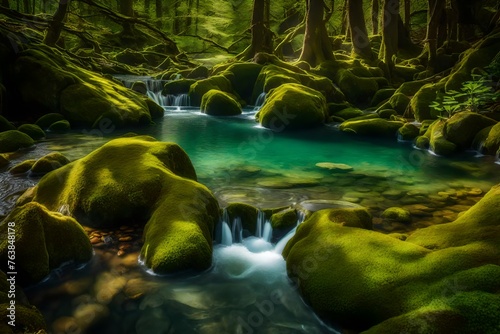 Idyllic mini pond surrounded by moss-covered rocks, with a gentle stream flowing into the crystal-clear water