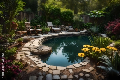 Quaint backyard mini pond with a small stone pathway leading to a cozy sitting area, perfect for relaxation