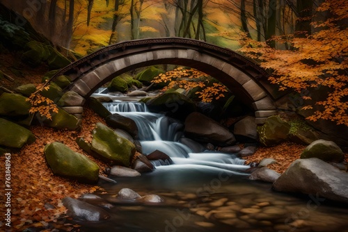 A little stone bridge arched smoothly over a babbling creek  framed by autumn leaves in a tranquil woodland environment. 