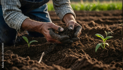 Real Photo  photo stock business happy theme as Agricultural Economics concept as A close-up of a farmers hands examining soil quality, Full depth of field,  high quality ,include copy space, No noise