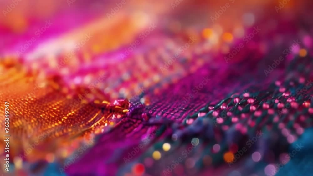A closeup of a colorful textured textile with tiny electronic components woven into the fabric. These elements transform the fabric into a touchsensitive surface allowing