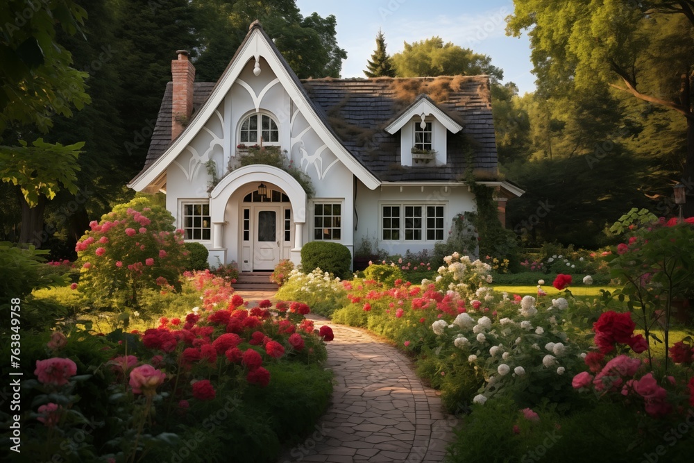 Cottage style house in the middle of the flower feild