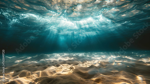 Underwater world ocean or sea waves sandy bottom and sunbeams under water