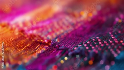 A closeup of a colorful textured textile with tiny electronic components woven into the fabric. These elements transform the fabric into a touchsensitive surface allowing photo