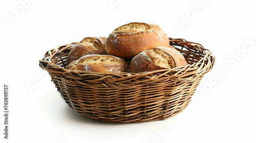 Wicker basket with fresh bread on white background