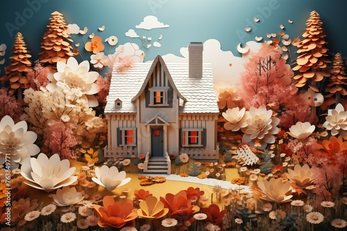 Cottage style house in the middle of the flower feild, paper cut out effect