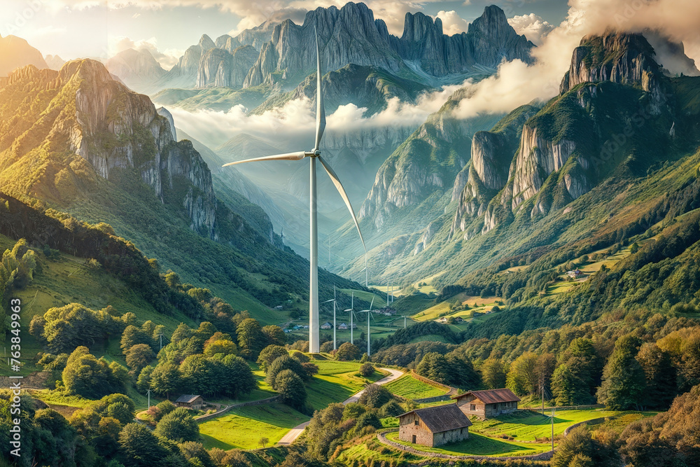 A wind farm is situated in a valley between mountains. - obrazy, fototapety, plakaty 