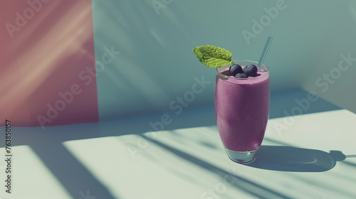 Product photography, close-up shot, prime lens, outside, outdoors, glass with blueberry smoothie, minimalist table, sustainable cafe with stucco cement walls, isolated shot, sunny, bright soft light