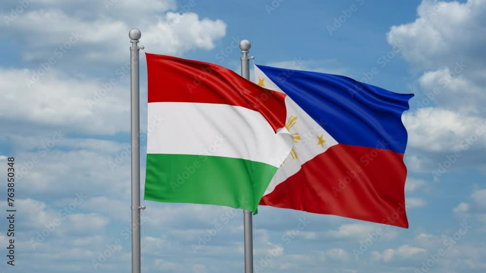 Philippines and Hungary two flags waving together, looped video, two country cooperation concept Philippines and Hungary two flags waving together, looped video, two country cooperation concept