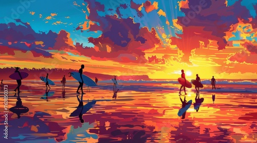 Illustration of a vibrant scene at sunset with a group of silhouetted surfers on a bustling beach reflecting the fiery sky. © victoriazarubina
