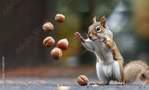 A squirrel is playing with nuts, tossing them in the air. The scene is playful and lighthearted, with the squirrel enjoying its time. inept squirrel failing to crack a nut open photo