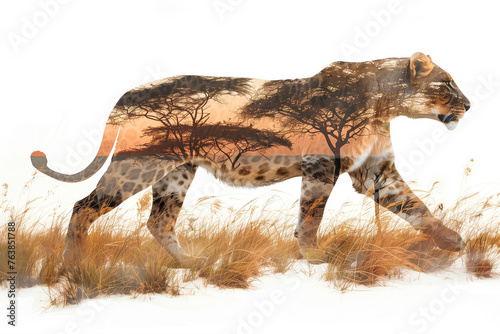 Double exposure effect of an African lioness standing in the savannah